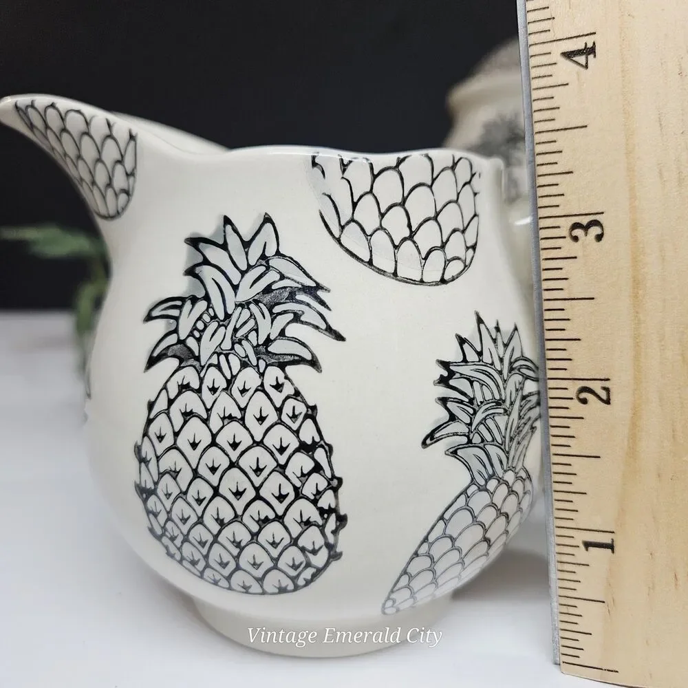 Vtg Signature Housewares Black Pineapples & White Lidded Sugar Bowl Dish Set / 2